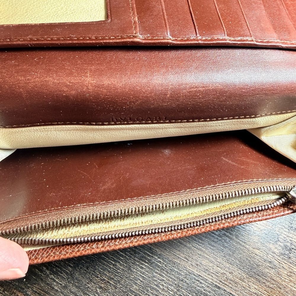 BVLGARI Leather Long Wallet with Silver-Tone Ring Closure - Brown - Picture 7 of 12